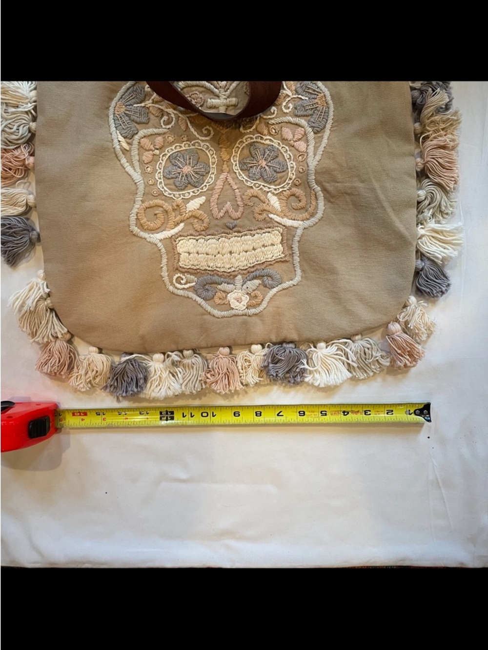 La Troupe Tulum Skull Tassel Tote Bag Bolso Calaca Verde Bordado Y - Picture 6 of 14